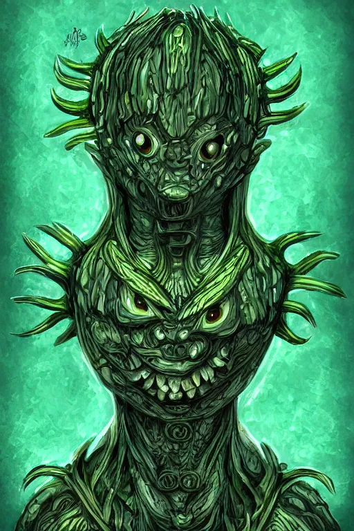 Prompt: pickle humanoid monster, symmetrical, highly detailed, digital art, sharp focus, trending on art station, anime art style