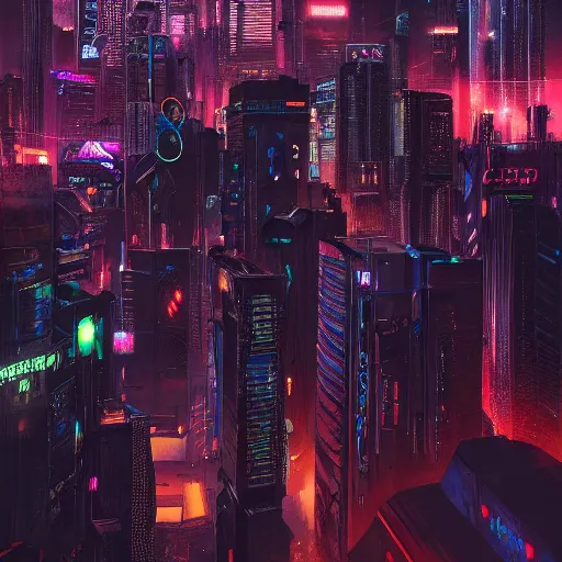 Prompt: cyberpunk city at night from above, neon glow, arstation, chill wave, detailed, maximalism, cluttered, busy, cinematic, cgsociety, smooth, beeply and greg rutkowski, dramatic lighting, god rays, clean crisp graphics, smooth sharp focus, extremely detailed