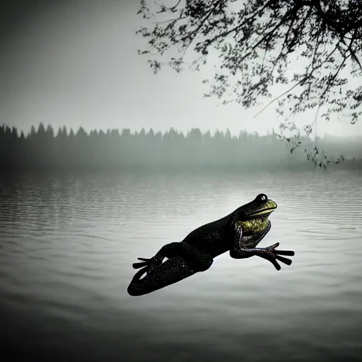 Image similar to semitranslucent smiling frog amphibian flying upside down over misty lake in Jesus Christ pose, cinematic shot by Andrei Tarkovsky, paranormal, spiritual, mystical