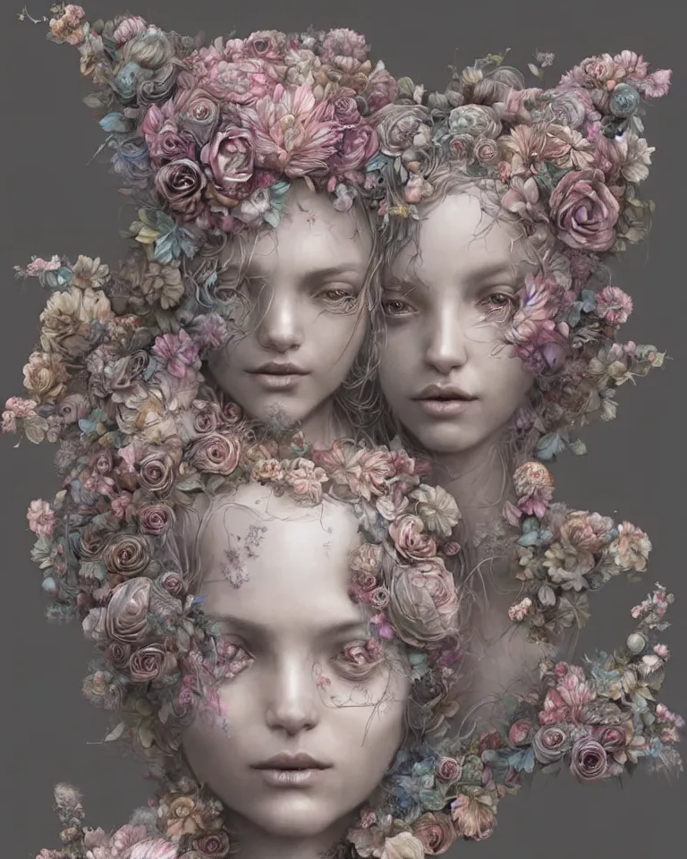 Image similar to a sculpture of interlaced gorgeous etherial females, made of mist, made of flowers, a digital painting by Andrew Ferez, Charlie Bowater, Marco Mazzoni, Seb McKinnon, Ryohei Hase, trending on cgsociety, featured on zbrush central, new sculpture, mystical