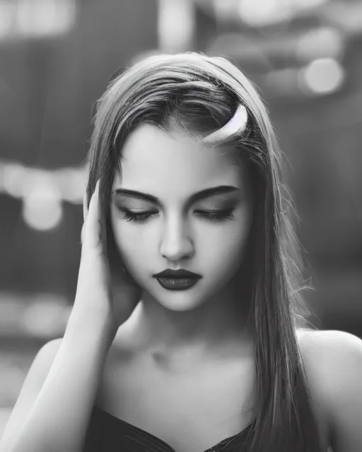 Image similar to black and white dreamy young beautiful female artificial intelligence, metropolis, cinematic, rim light, bokeh, photo - realistic, elegant, high detail, 8 k, masterpiece, photo taken in 1 9 3 0