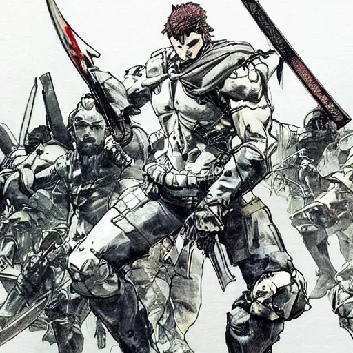 Prompt: hero sitting on a chair holding a sword on his back, looking at a army in the background illustrated by yoji shinkawa, pencil art, extra detail, dynamic, colored, blood, metal swords