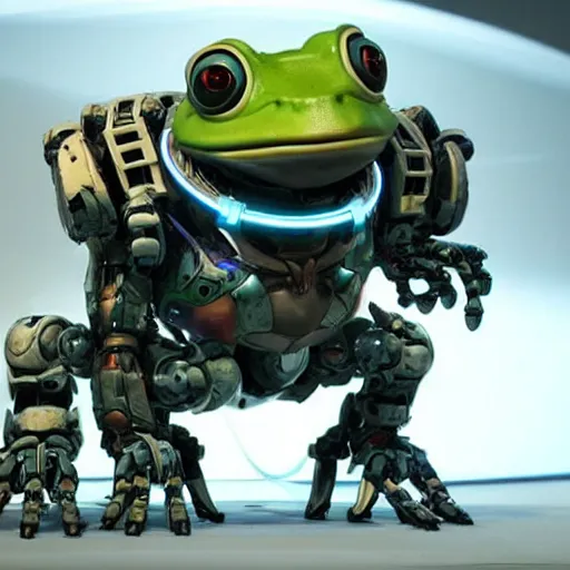 Image similar to a cybernetic robot frog from the game Horizon Zero Dawn. It is standing on all four of its legs.