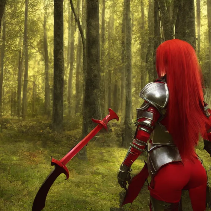 Image similar to a girl with long red hair wearing a red plate armor and holding a big red toothed sword in a forest, 3d render, octane render, unreal engine 5, 8k hdr, hyperrealistic, highly detailed, high quality, concept art, trending on Artstation, full-body armor,