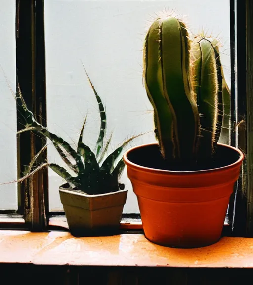 Prompt: a vintage photo of a cactus in a pot on a sunny windowsill