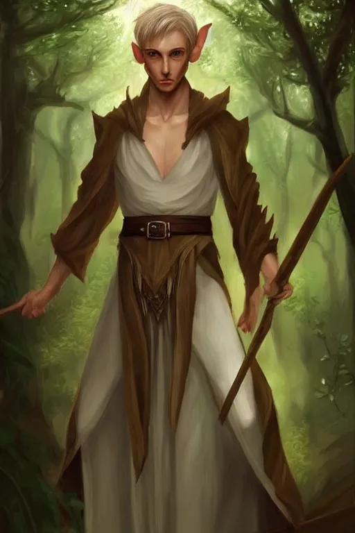 Prompt: beautiful, digital art, portrait painting of a male elf wizard, wearing linen cloth. forest background. artstation, by jisu choe