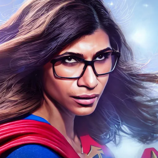 Prompt: a close up face of Mia Khalifa as Supergirl by Greg Rutkowski, Sung Choi, Mitchell Mohrhauser, Maciej Kuciara, Johnson Ting, Maxim Verehin, Peter Konig, Zack Snyder, 8k photorealistic, cinematic lighting, HD, high details, dramatic, trending on artstation,