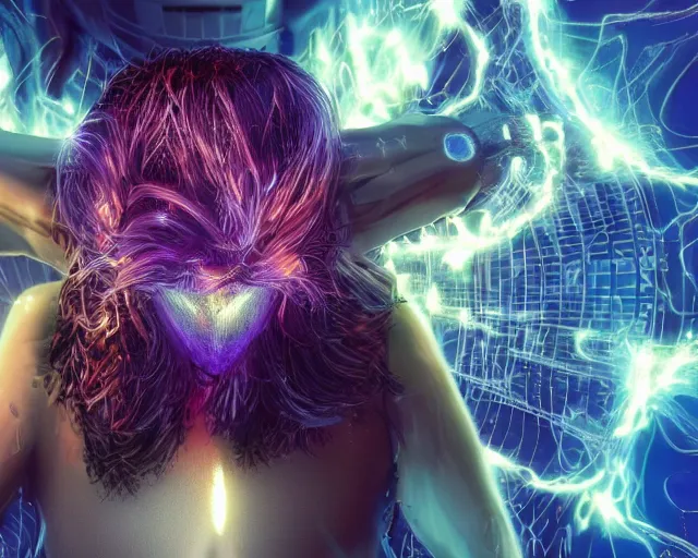 Image similar to glowing hair, complex cybernetic beings, beautiful hairy humanoids, cybermagnetosphere, cybernetic civilizations, ornate hair, love, joy, vortexes, large arrays, data holograms, 8 k, cinematic light shadows, wet hdr refractions, *, * * *, * * * * *