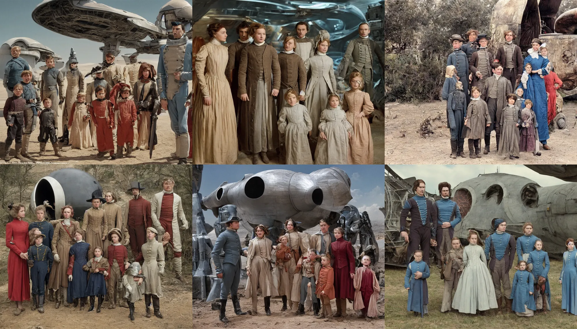 Prompt: sharp,highly detailed, 435456k film, 1612800mm film still from a sci fi blockbuster color movie made in 2019, set in 1860, of a family standing in front of a spaceship that has just landed on an alien planet, the family are all wearing 1860s era clothes, good lighting, good photography, ultra high definition, in focus, 35mm macro lens