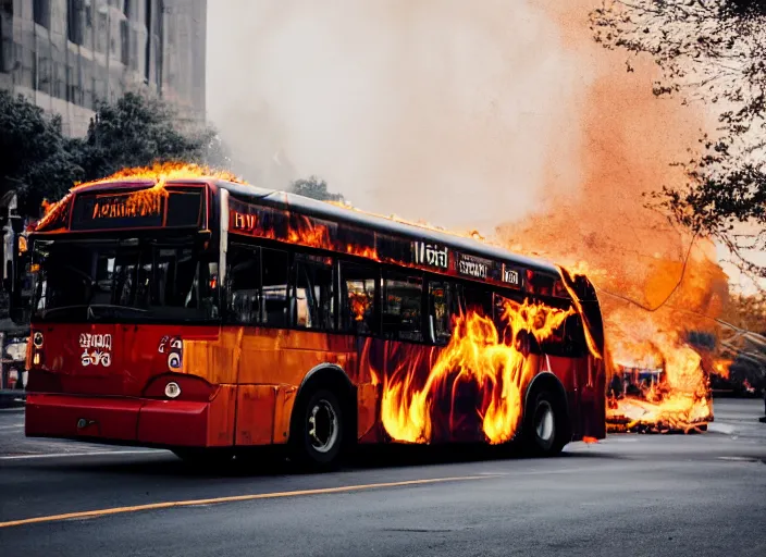 Image similar to a 3 5 mm photo of a city bus with the wheels and engine on fire, splash art, movie still, bokeh, canon 5 0 mm, cinematic lighting, dramatic, film, photography, golden hour, depth of field, award - winning, anamorphic lens flare, 8 k, hyper detailed, 3 5 mm film grain