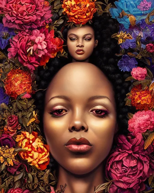Image similar to portrait of the afro - american queen of the underworld, surrounded by flowers by karol bak, james jean, tom bagshaw, rococo, sharp focus, trending on artstation, cinematic lighting, hyper realism, octane render, 8 k, hyper detailed.