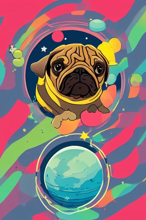 Prompt: planet pug floating in space, art by brian miller, sticker, colorful, illustration, highly detailed, simple, smooth and clean vector curves, no jagged lines, vector art, smooth