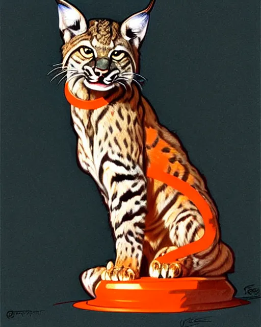 Prompt: male bobcat alien with orange fur and a white t - shirt with a red exclamation mark, full body, art by artgerm and greg rutkowski and alphonse mucha