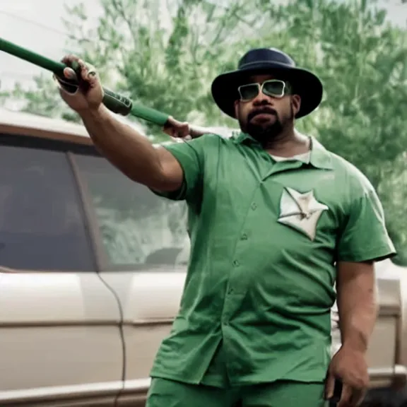 Image similar to Still of Big Smoke with green clothing with a baseball bat and trilby hat in Better Call Saul