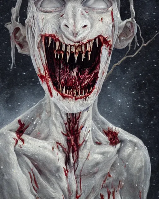 Image similar to Horrifying detailed painting of a pale, emaciated humanoid creature. It has sharp teeth and claws with pale milky eyes; snow, woods, blood; dark cinematic lighting, hyper detailed, moody