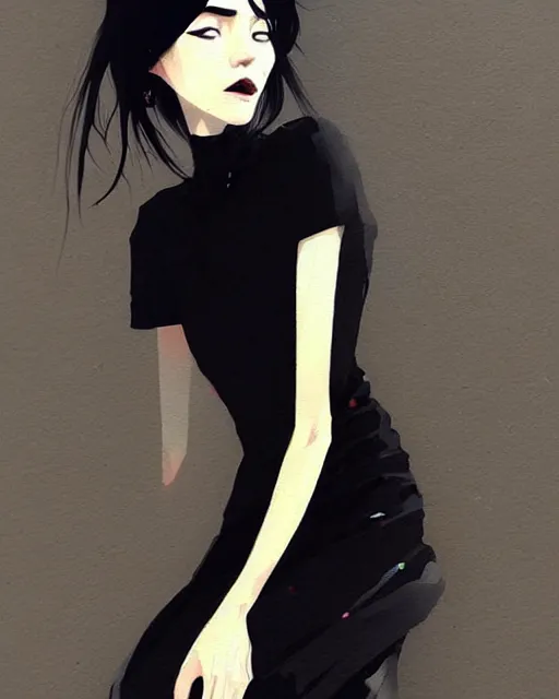 Image similar to a ultradetailed beautiful portrait panting of a stylish woman in a black dress sitting, by conrad roset, greg rutkowski and makoto shinkai trending on artstation