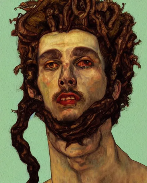 Image similar to portrait of male medusa by greg rutkowski in the style of egon schiele