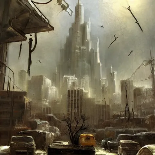 Image similar to post apocalyptic painting of city 1 7 from half - life 2. the citadel is shown towering over the city. highly detailed. painting by esao andrews