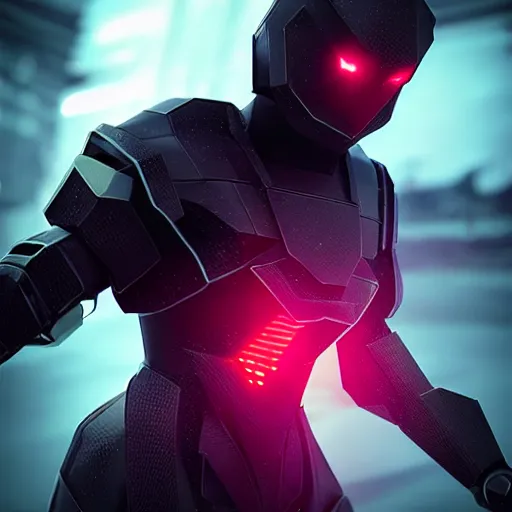 Image similar to “ shiny black angular polygonal sci - fi armor cinematic shot dynamic pose red glowing lines deviant art art station 4 k octane render bloom effect ”