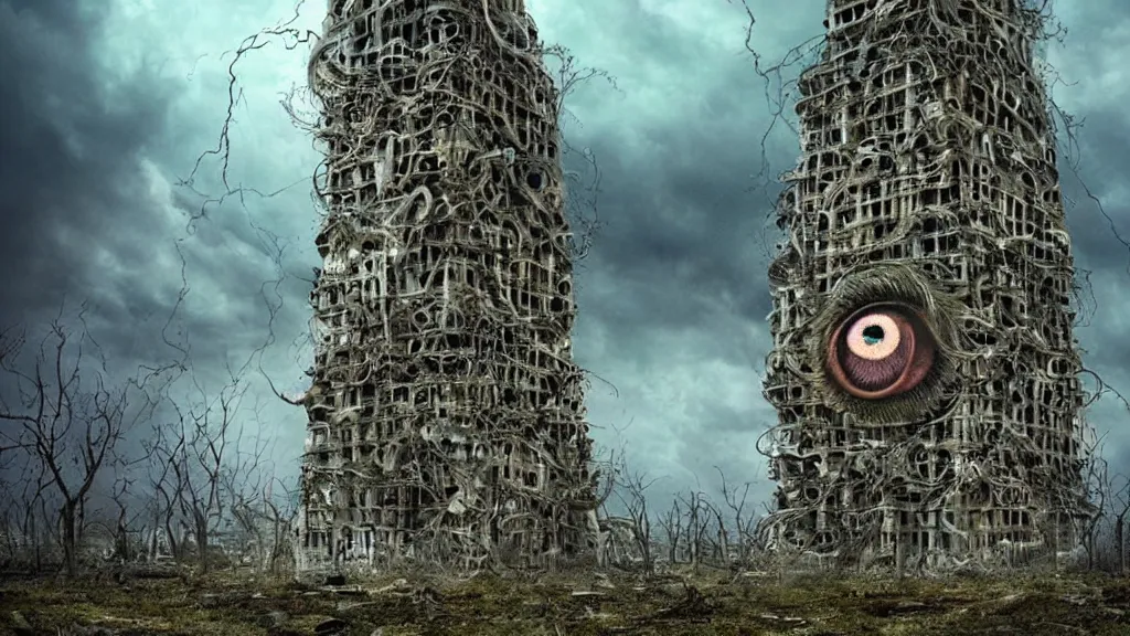 Image similar to bio-organic detailed tower building with tendrils and a giant Eyeball!!! at the top, looking over a stormy post-apocalyptic wasteland, dystopian art, wide lens