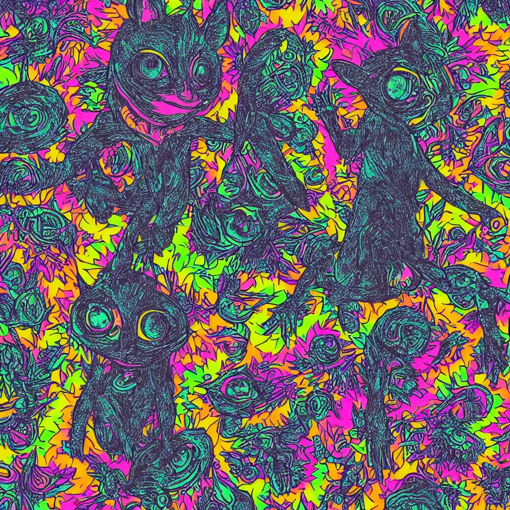 Prompt: a black tshirt with a silkscreen print in flourescent colors of a bushbaby with huge trippy eyes, psychedelic style