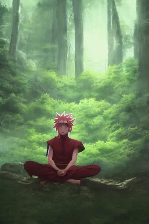 Image similar to photorealistic dark fantasy concept art of Naruto meditating in a forest, dynamic lighting, stunning visuals, realism, cinematic, hyper detailed, ultra detailed, beautiful visuals and sunset