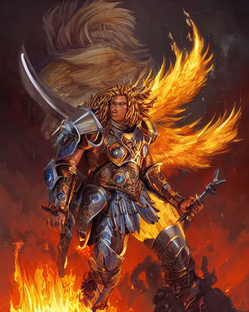 Prompt: mtg character portrait of a brawny male leonin knight african lion angel of justice, with fiery golden wings of flame, wearing shining plate armor, wielding flaming sword and holding large fiery shield, by peter mohrbacher, wadim kashin, greg rutkowski, larry elmore, george pemba, ernie barnes, raymond swanland, magali villeneuve, trending on artstation