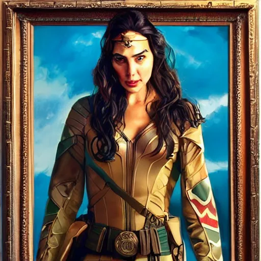 Image similar to a detailed and complex, highly detailed, concept art, depicting gal gadot in military uniform. painting by dmitri moor