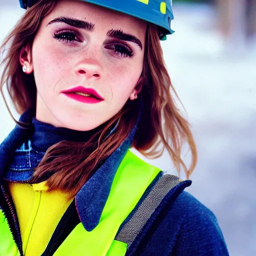 Image similar to photo, close up, emma watson in a hi vis vest, dipping tobacco, portrait, kodak gold 2 0 0,