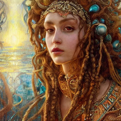 Image similar to intricate detail, hyper detail, by gaston bussiere, greg rutkowski, sandro botticelli, lady of elche, techno mystic princess intergalactica, inanna, ashteroth, with aqua rapunzel dreadlocks, detailed, masterpiece, sharp focus,