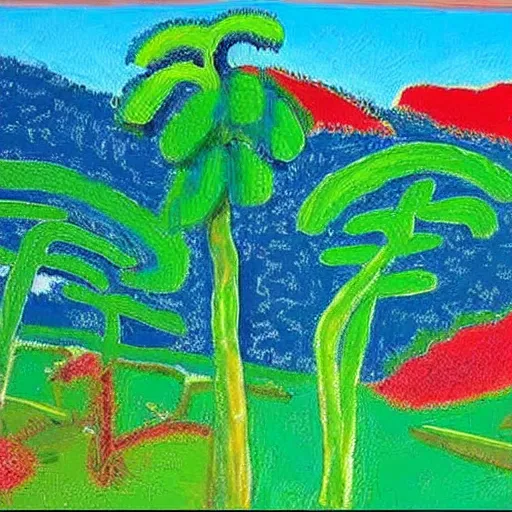 Prompt: rough acrylic painting of a lush natural scene on an alien planet by david hockney. beautiful landscape. weird vegetation. cliffs and water.