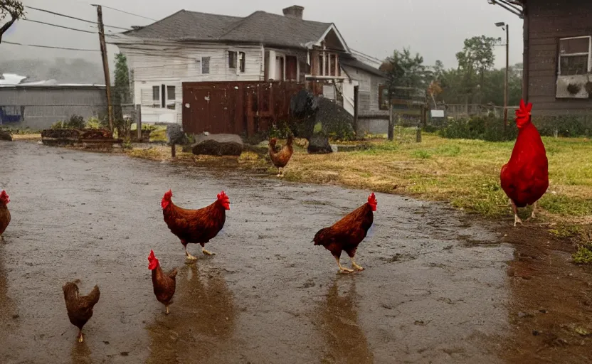 Image similar to a scene with a red wheel barrow where chickens are walking around in the rain.