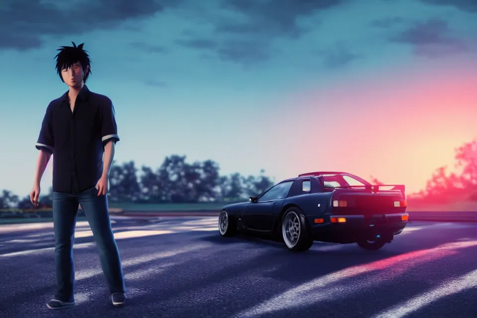 Prompt: aesthetic illustration of very serious ryosuke takahashi with black hair wearing a dark blue shirt standing near mazda rx 7 on an empty highway at dusk, cinematic lighting, initial d anime 1 0 8 0 p, detailed anime face, high detail, 9 0 s anime aesthetic, volumetric lights, unreal engine 5 render, pinterest wallpaper, trending on artstation