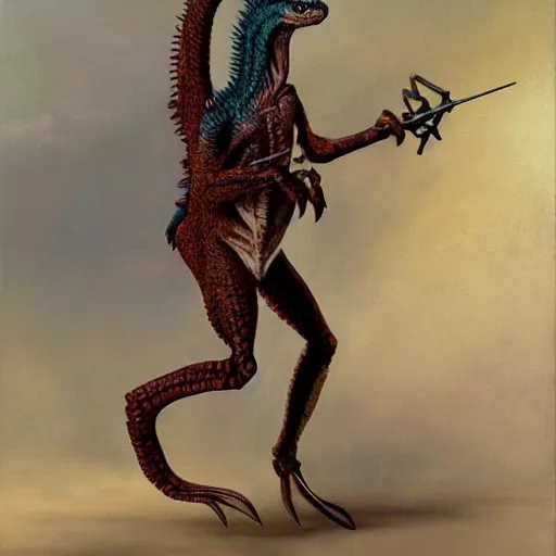 Prompt: a detailed full - body portrait of a velociraptor holding a battle axe, oil painting