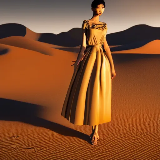 Image similar to innovative avant-garde art, deco fashion, asian women, wearing skirt, highly detailed, photo-realistic portrait, serene desert setting, golden hour, crisp quality and light reflections, unreal engine 5 quality render