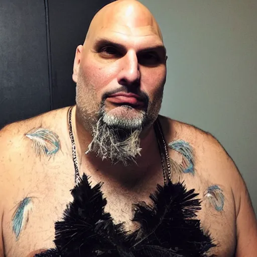 Image similar to john fetterman in a dress made of feathers!!!!,