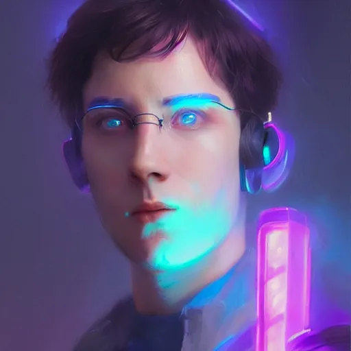 Image similar to portrait Ron Wisly with visor in cyberpunk, harry potter, neon lighting, night city, digital art from artstation by Ruan Jia and Mandy Jurgens and Artgerm and william-adolphe bouguereau and Greg Rutkowski