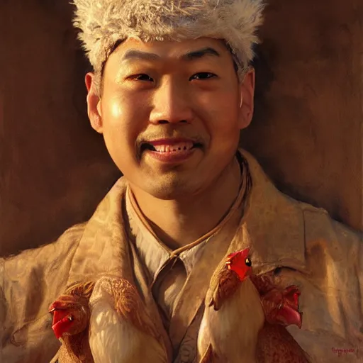 Image similar to portrait of an asian man dressed as a chicken, the chicken man, highly detailed painting by gaston bussiere, craig mullins, j. c. leyendecker 8 k