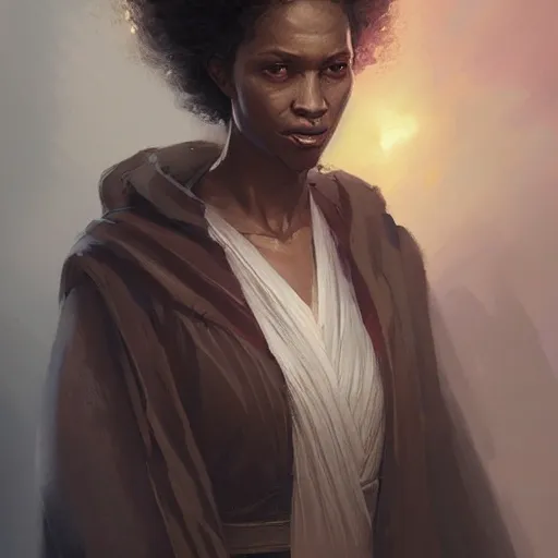 Image similar to portrait of a woman by greg rutkowski, youn jedi knight, black, afro hair, prettt, star wars expanded universe, she is about 2 0 years old, wearing jedi robes, highly detailed portrait, digital painting, artstation, concept art, smooth, sharp foccus ilustration, artstation hq