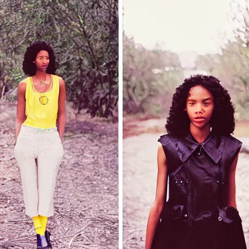 Image similar to realistic! photoshoot for a new chanel lookbook, color film photography, portrait of a beautiful woman, location outdoor, in style of tyler mitchell, 35mm