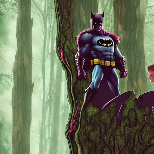 Image similar to batman meets groot in the woods digital art 4 k detailed super realistic