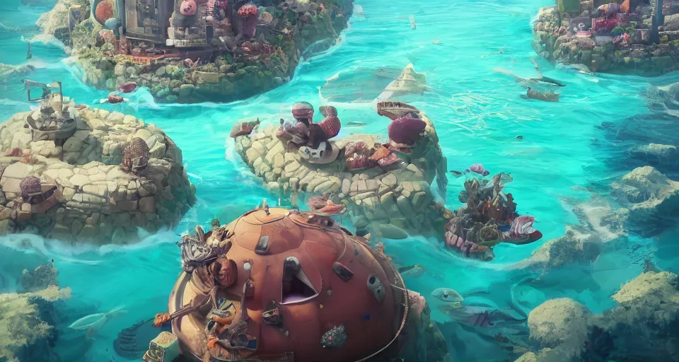 Image similar to hyper realistic cute guineapigs everywhere are swimming under vast sea, by simon stalenhag, yoko taro, christian macnevin, wlop and krenz cushart, epic fantasy character art, volumetric outdoor lighting, midday, high fantasy, cgsociety, cheerful colours, full length, exquisite detail, post - processing, masterpiece, cinematic, 4 k, 8 k