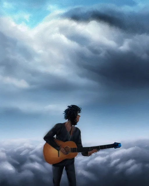 Image similar to A figure of a man with a guitar obscured by clouds and mist. The clouds look like mountains high in the sky, the clouds are a deep blue purple color with the sun blazing behind the clouds, deep focus, D&D, fantasy, intricate, elegant, highly detailed, digital painting, artstation, concept art, matte, sharp focus, illustration, hearthstone, art by Artgerm and Greg Rutkowski and Alphonse Mucha