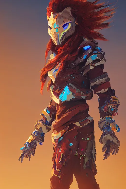 Image similar to combination suit armor aloy horizon forbidden west horizon zero dawn radiating a glowing aura global illumination ray tracing hdr fanart arstation by ian pesty and alena aenami artworks in 4 k tribal robot ninja mask helmet backpack