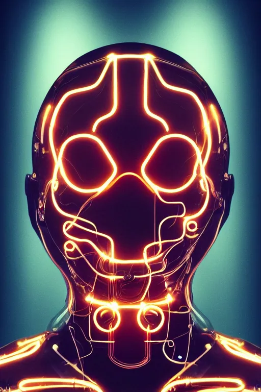 Image similar to organic cyborg head wrapped in plastic wire by pixar, centered, symmetrical, cinematic lighting, gold and red, bilateral symmetry, 80s poster, polished, thick smoke, retro dark vintage sci-fi, 2D matte illustration