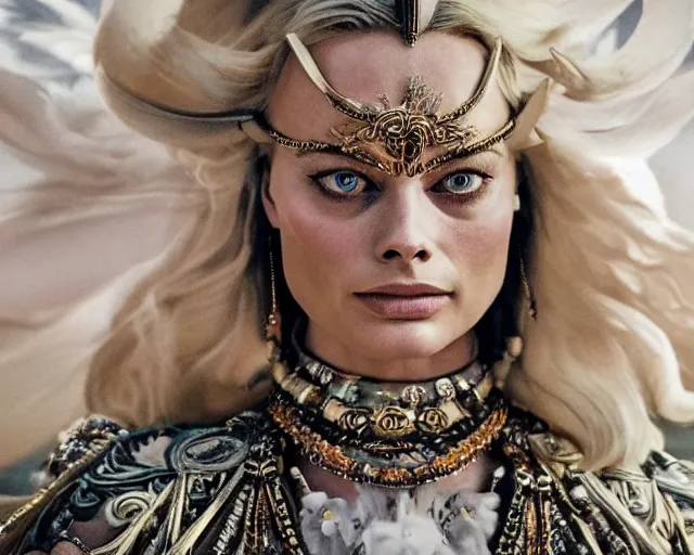 Image similar to Margot robbie as a goddess in heaven, Photography, Cinematic, Portrait, insanely detailed and intricate, hypermaximalist, elegant, ornate, hyper realistic, super detailed