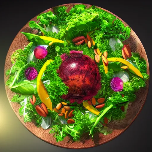 Image similar to Photorealistic super salad on a menu. Hyperdetailed photorealism, 108 megapixels, amazing depth, glowing rich colors, powerful imagery, 3D finalrender, 3d shading, cinematic lighting, artstation concept art