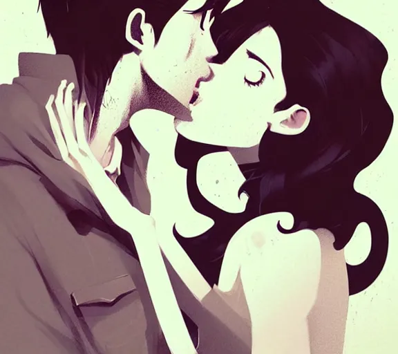 Image similar to portrait of harry kissing hermione by atey ghailan, by greg rutkowski, by greg tocchini, by james gilleard, by joe fenton, by kaethe butcher, dynamic lighting, gradient light blue, brown, blonde cream and white color scheme, grunge aesthetic