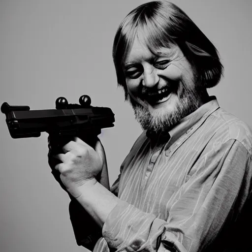 Prompt: robert wyatt laughing maniacally and pointing a gun directly at the camera