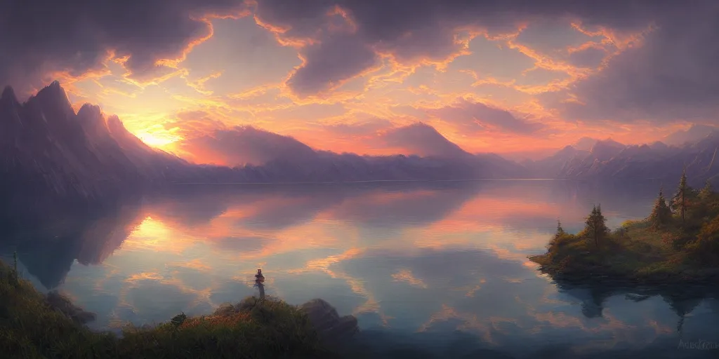 Image similar to a painting of a sunset over a lake, a detailed matte painting by andreas rocha, featured on deviantart, fantasy art, matte painting, terragen, detailed painting